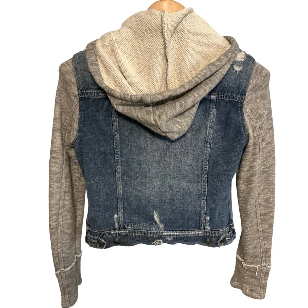Free‎ People Mixed Media Denim Jacket Hooded Distressed Blue Grey Small - Picture 5 of 8